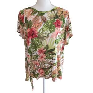 J. Jill 100% Linen Floral Tropical Short Sleeve Top Size Large